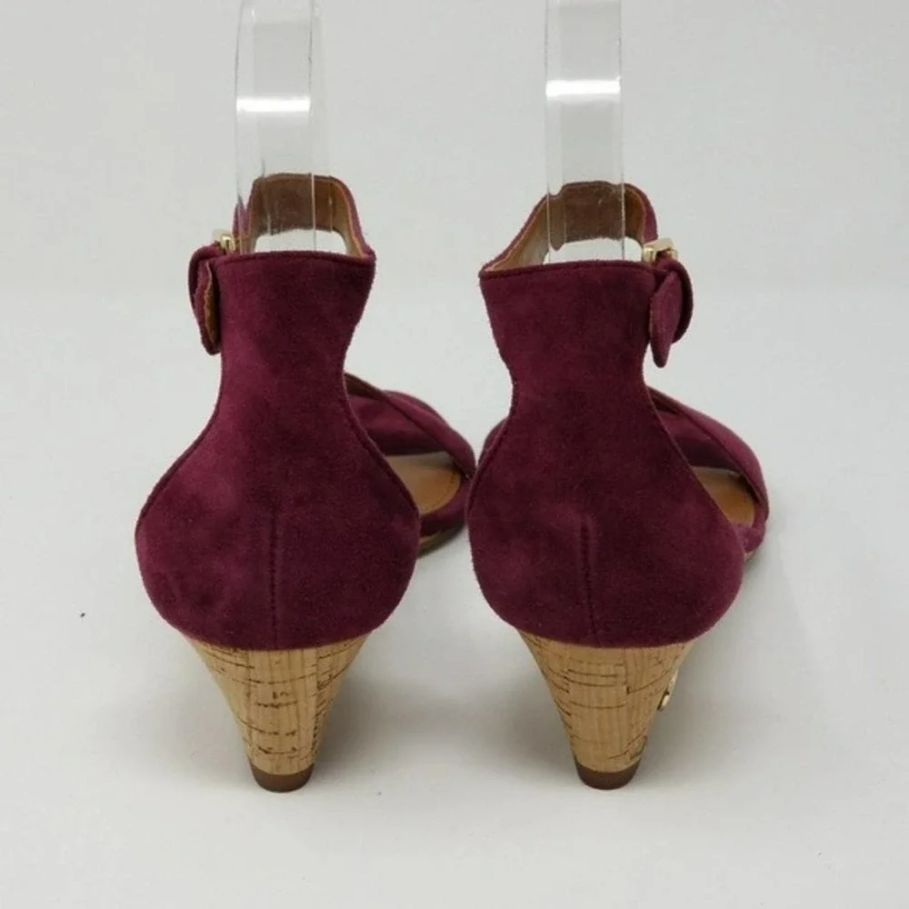 Tory Burch Savannah Cork Wedge Buckle Ankle Open Toe Burgundy Sandals Size 6.5